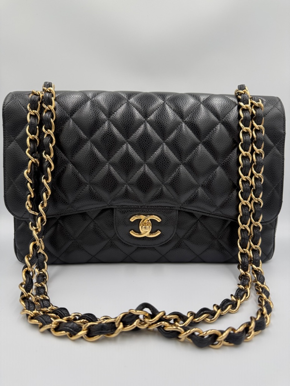CHANEL Black Quilted Cavier Leather Shoulder Bag with Gold Hardware